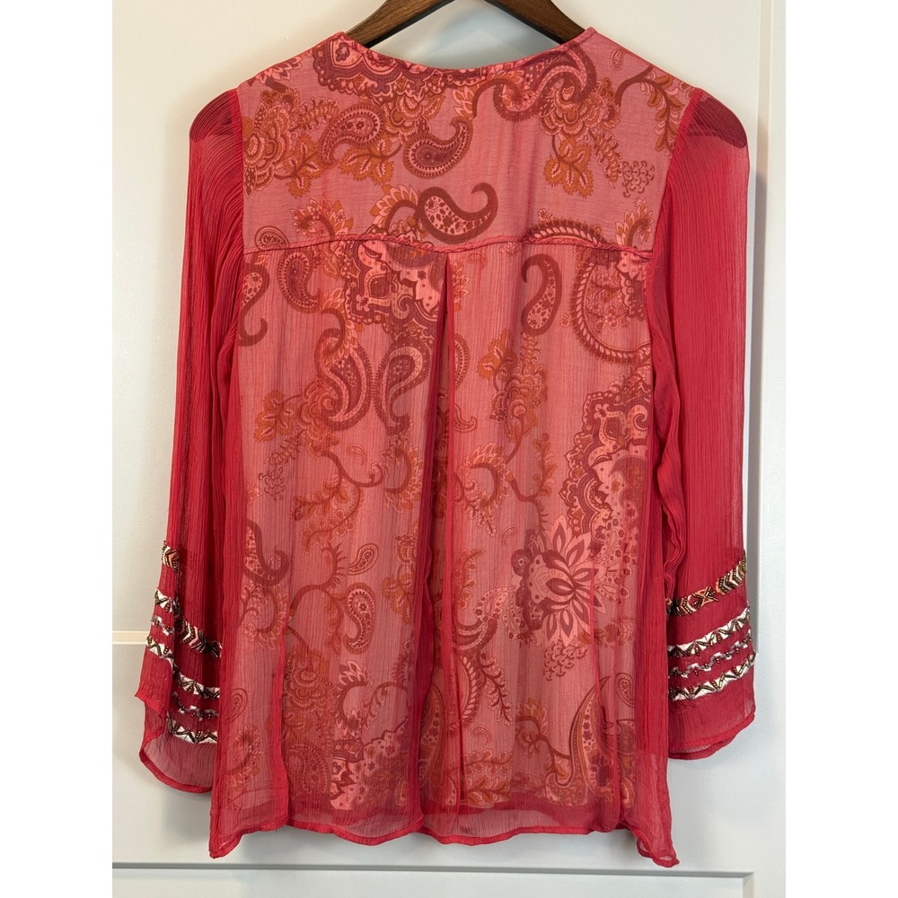 Soft Surroundings Samara Tunic Dark Coral Sheer Embroidered Boho Floral Sz Small - Picture 2 of 11